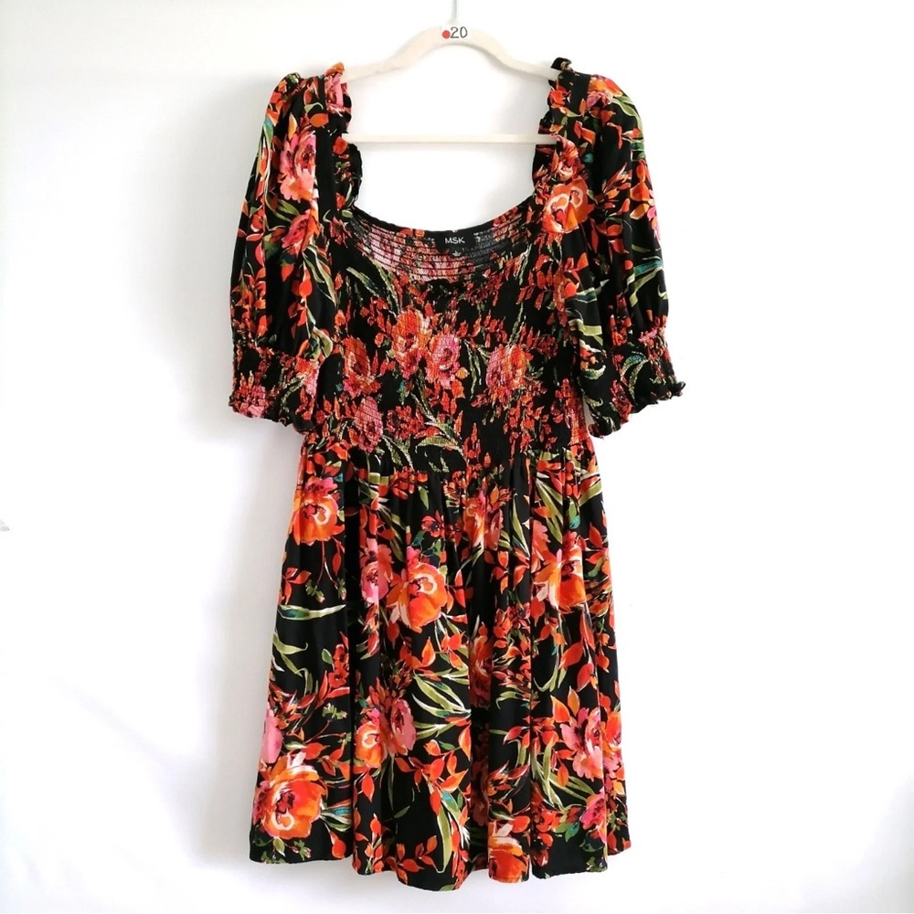 MSK Womens Black Floral Print Smocked Romantic Bodice Fit & Flare Dress Size L